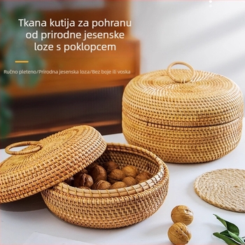 Ratan koš s poklopcem za pohranu, pleteni koš za voće i užine, retro stolni organizator