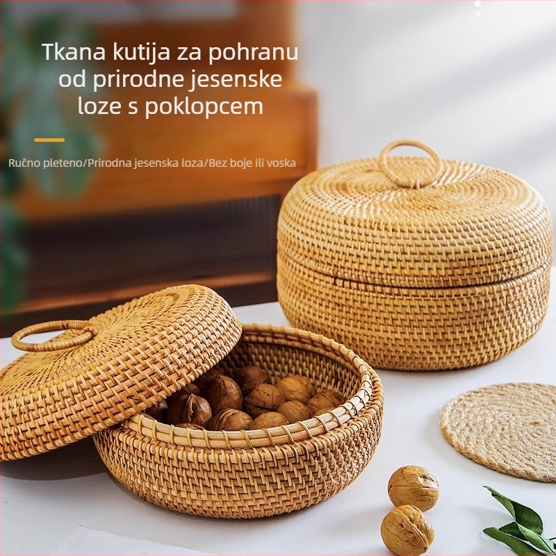 Ratan koš s poklopcem za pohranu, pleteni koš za voće i užine, retro stolni organizator