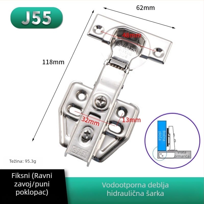 Odvojivi hidraulični šarniri za vrata ormara i kupaonskih ormarića, nehrđajući čelik, model J65, vodootporan hardver
