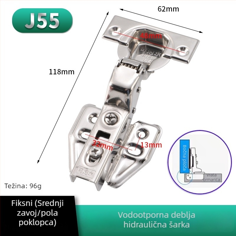 Odvojivi hidraulični šarniri za vrata ormara i kupaonskih ormarića, nehrđajući čelik, model J65, vodootporan hardver