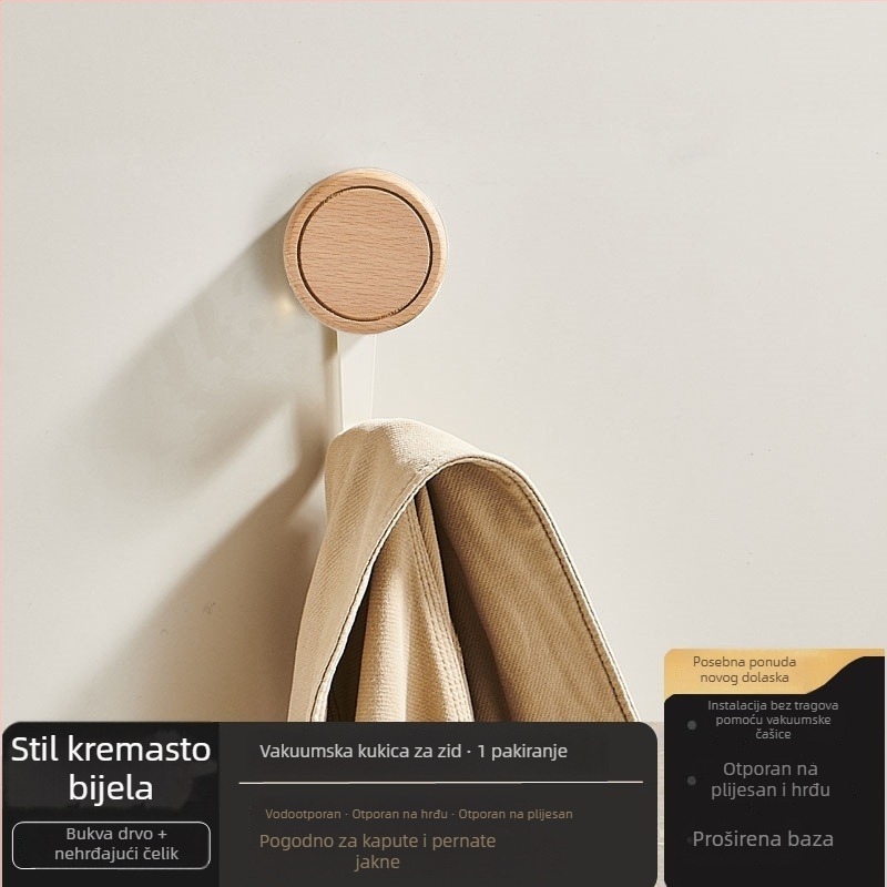 Kuka od masivnog drveta sa usisnim nastavkom, bez bušenja, nosivost 1–3 kg, za kupaonicu