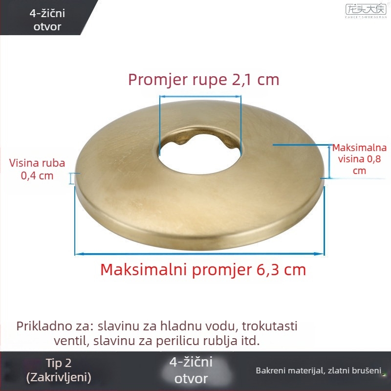 Zlatni dekorativni poklop od nehrđajućeg čelika za kružne ili kvadratne tuš glave i kutni ventil