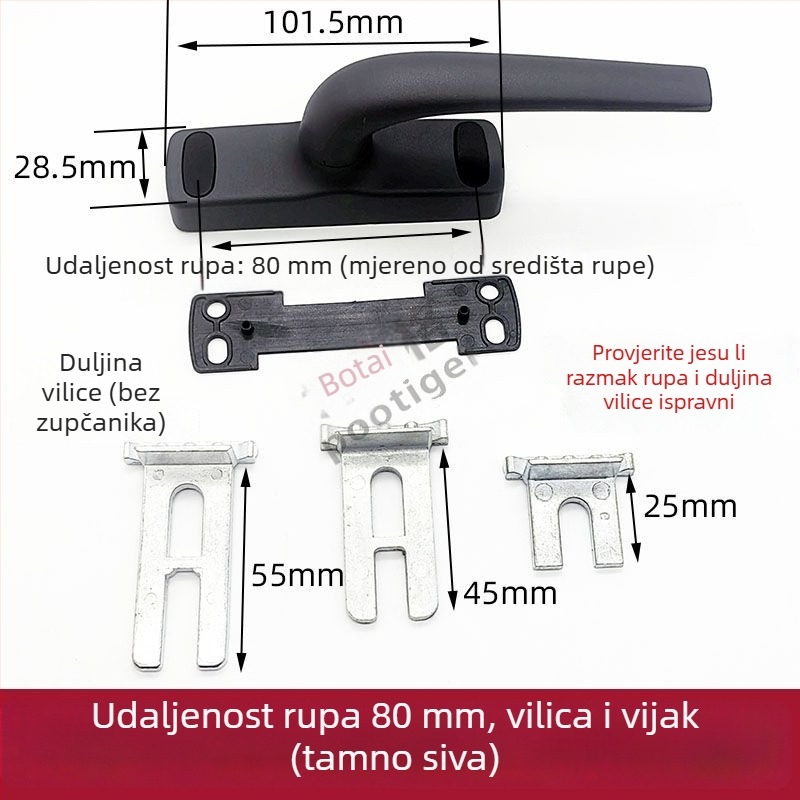 Kvaka za prozor od aluminijske legure s razmakom rupa 80 mm, za prozore i vrata s mostovom konstrukcijom; prijenosna ručica, vučna ručica, aluminijski dodatci