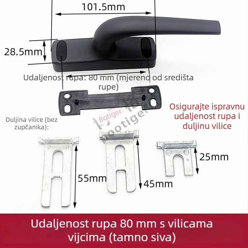Kvaka za prozor od aluminijske legure s razmakom rupa 80 mm, za prozore i vrata s mostovom konstrukcijom; prijenosna ručica, vučna ručica, aluminijski dodatci