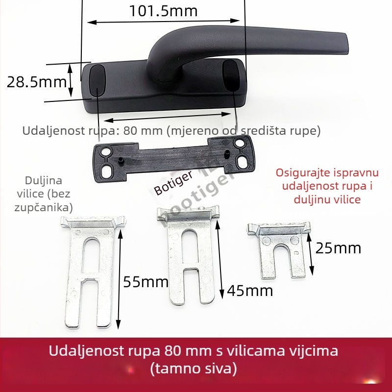 Kvaka za prozor od aluminijske legure s razmakom rupa 80 mm, za prozore i vrata s mostovom konstrukcijom; prijenosna ručica, vučna ručica, aluminijski dodatci
