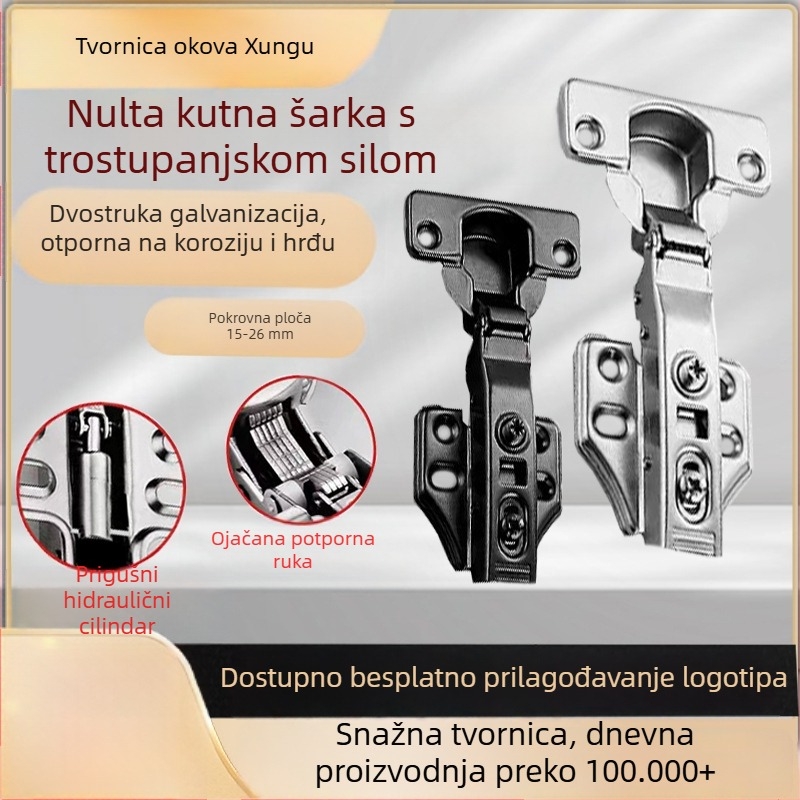 Trostepena hidraulična šarka s bakrenom završnom obradom, otporna na hrđu, tlmič bez kuta za debela vrata ormarića
