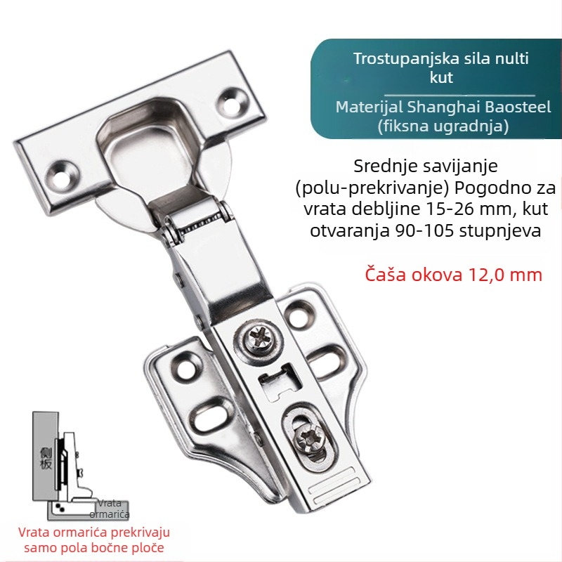 Trostepena hidraulična šarka s bakrenom završnom obradom, otporna na hrđu, tlmič bez kuta za debela vrata ormarića