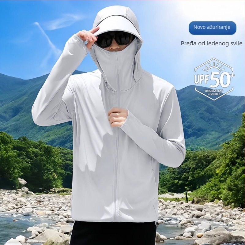 Muška ultra tanka kapuljačom jakna s UV zaštitom, jednofarbeni Ice Silk materijal, labav kroj sportska jakna