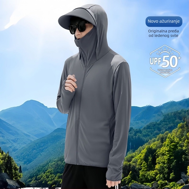 Muška ultra tanka kapuljačom jakna s UV zaštitom, jednofarbeni Ice Silk materijal, labav kroj sportska jakna