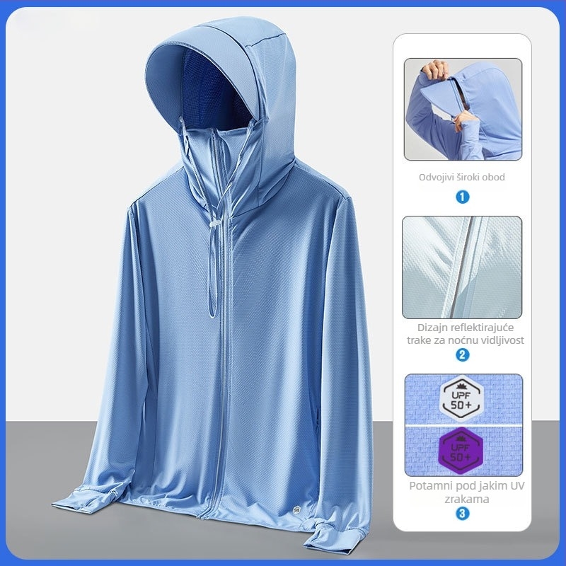 Muška ultra tanka kapuljačom jakna s UV zaštitom, jednofarbeni Ice Silk materijal, labav kroj sportska jakna