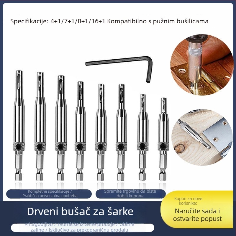 Set alata za bušenje rupa za šarke vrata i prozora, s šesterokutnim nastavcima i preciznim pozicioniranjem