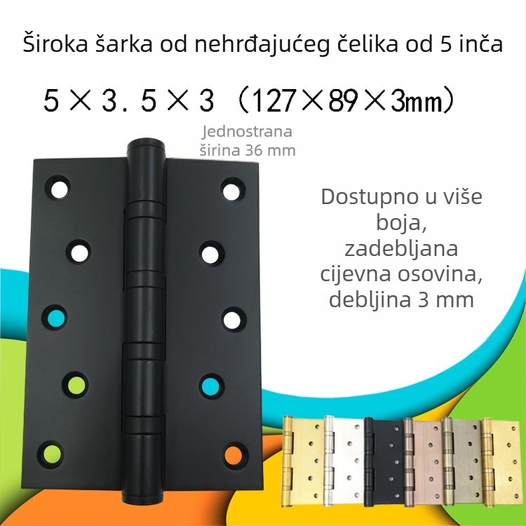 5-inčne šarke od nehrđajućeg čelika za vrata i prozore, proširene i debele, mat crne, s ležajem, vatrootporne i tihe