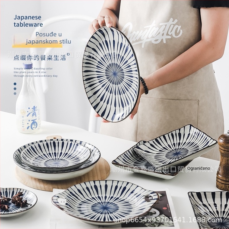 Duboki keramički tanjur u japanskom stilu, ručno oslikan, kreativno posuđe za svakodnevnu upotrebu, porculanski tanjur s prugastim uzorkom, nepravilan oblik, mikrovalna sigurnost