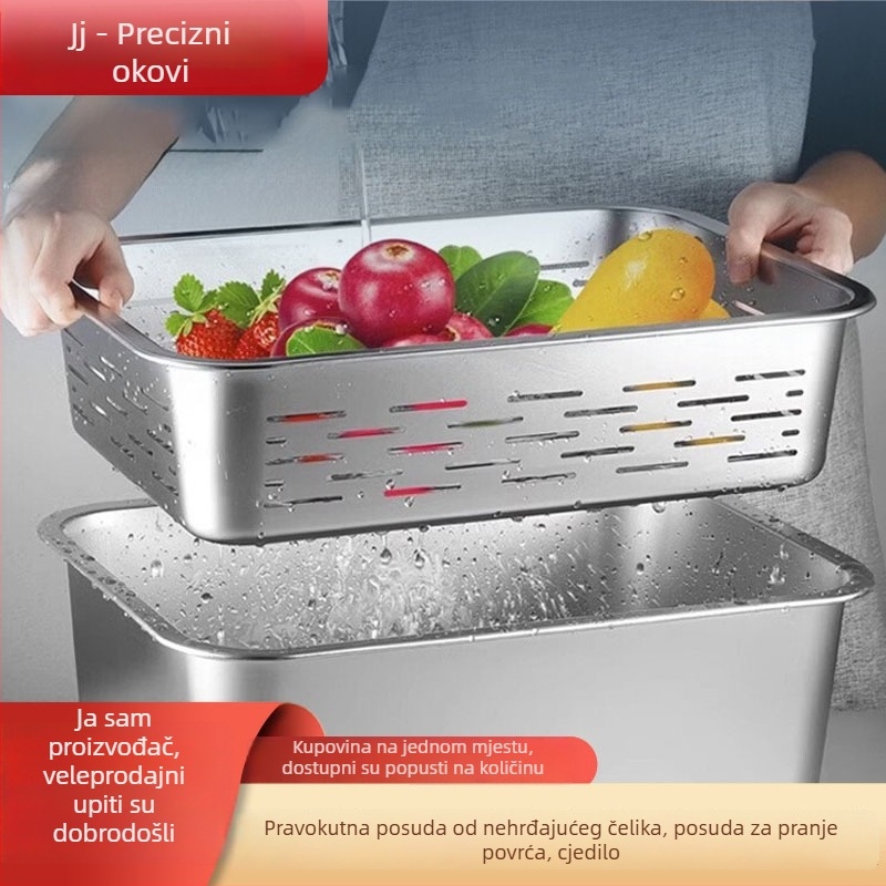 Pravokutni koš od nehrđajućeg čelika, prehrambene kvalitete, za kuhinju – pranje povrća, rezanje na ploške i struganje