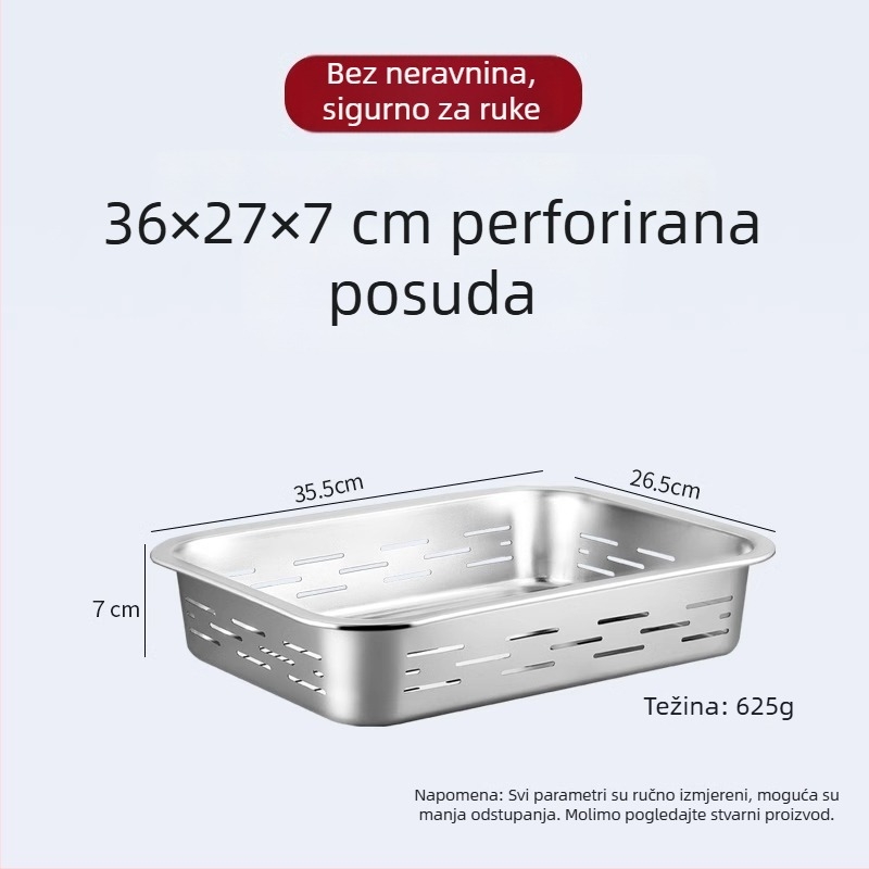 Pravokutni koš od nehrđajućeg čelika, prehrambene kvalitete, za kuhinju – pranje povrća, rezanje na ploške i struganje