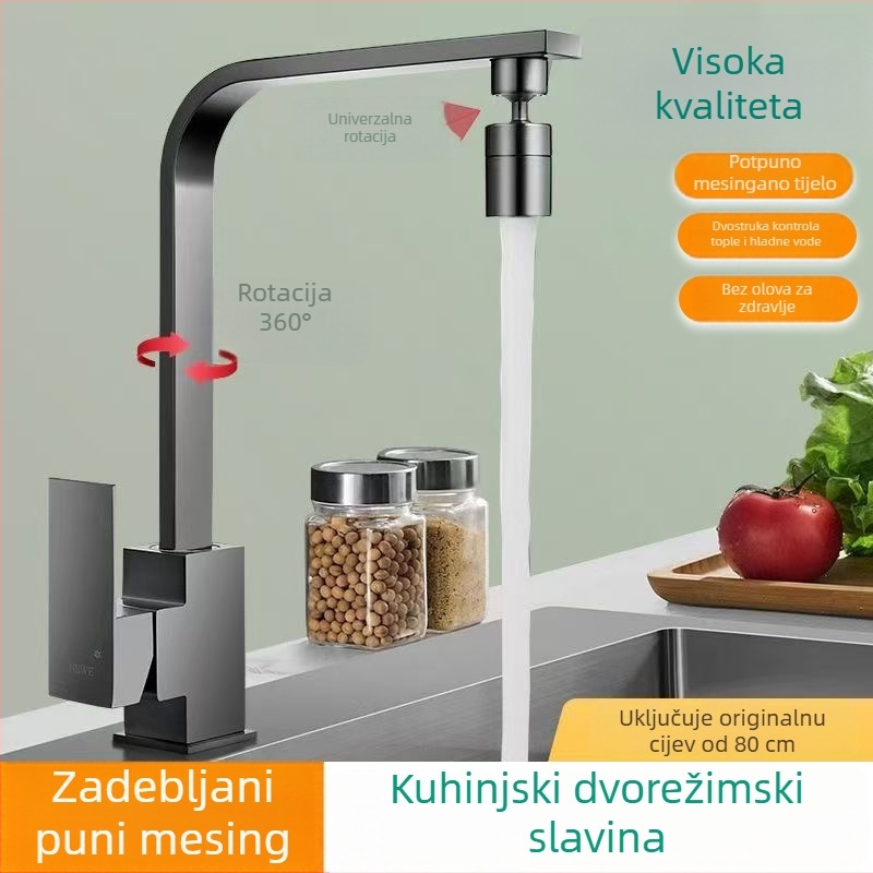 Potpuno bakrena okretna kuhinjska mješalica za sudoperu, topla i hladna voda, zaštita od prskanja