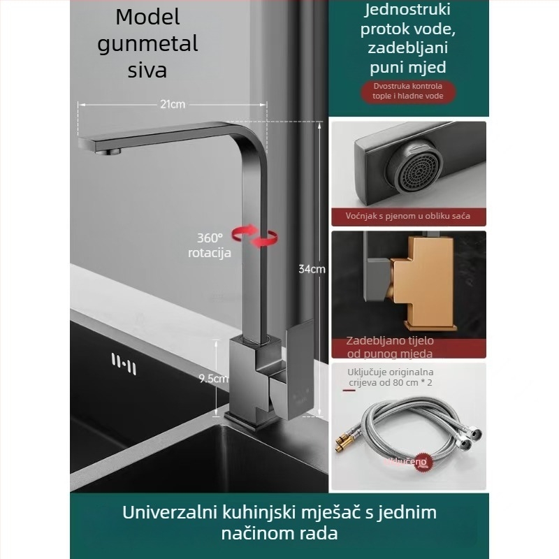 Potpuno bakrena okretna kuhinjska mješalica za sudoperu, topla i hladna voda, zaštita od prskanja