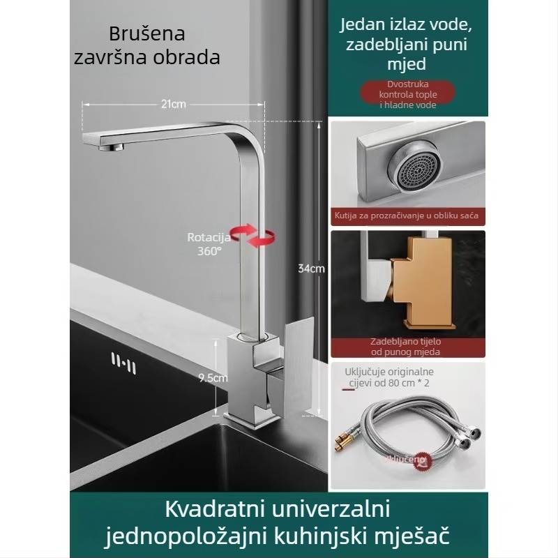 Potpuno bakrena okretna kuhinjska mješalica za sudoperu, topla i hladna voda, zaštita od prskanja