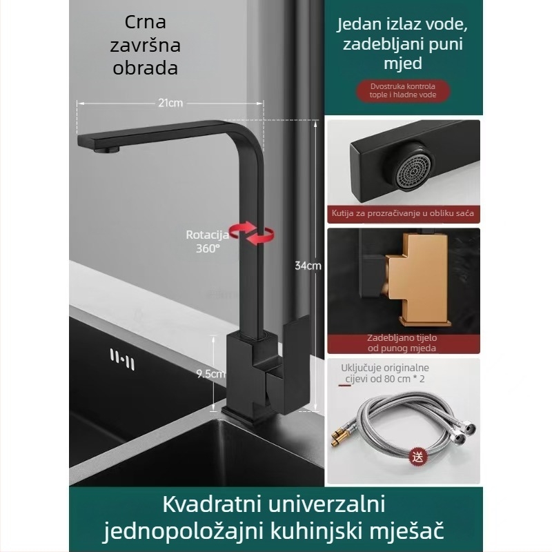 Potpuno bakrena okretna kuhinjska mješalica za sudoperu, topla i hladna voda, zaštita od prskanja