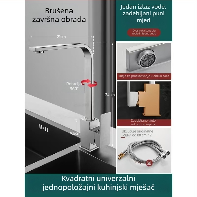 Potpuno bakrena okretna kuhinjska mješalica za sudoperu, topla i hladna voda, zaštita od prskanja