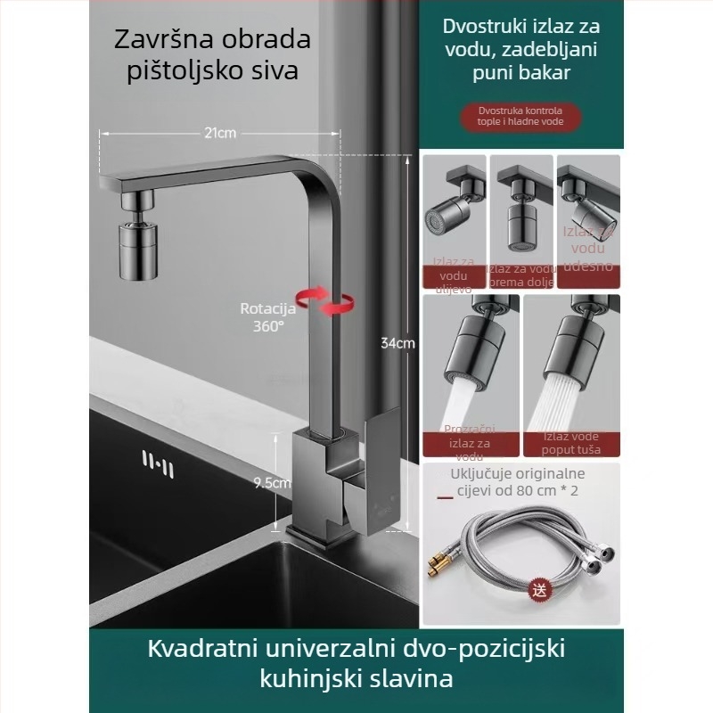 Potpuno bakrena okretna kuhinjska mješalica za sudoperu, topla i hladna voda, zaštita od prskanja