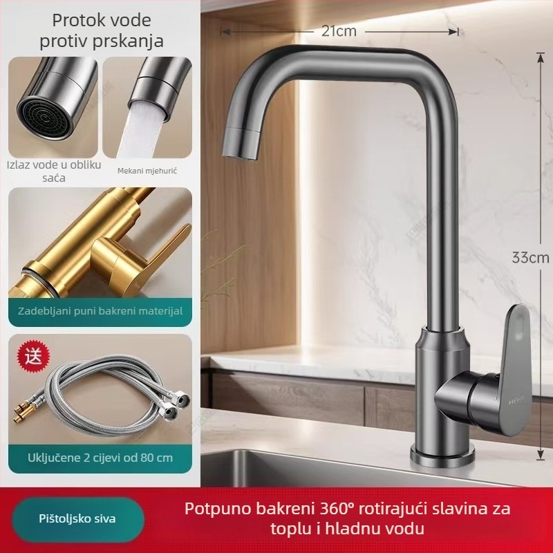 Potpuno bakrena okretna kuhinjska mješalica za sudoperu, topla i hladna voda, zaštita od prskanja