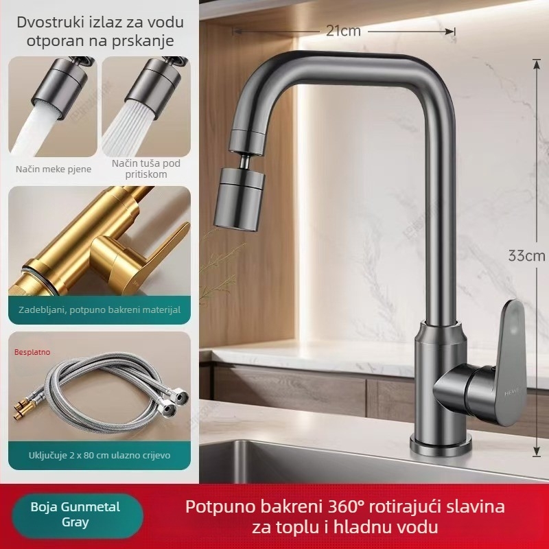Potpuno bakrena okretna kuhinjska mješalica za sudoperu, topla i hladna voda, zaštita od prskanja