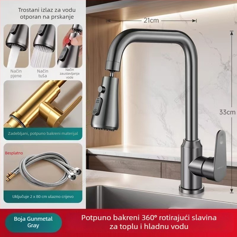 Potpuno bakrena okretna kuhinjska mješalica za sudoperu, topla i hladna voda, zaštita od prskanja