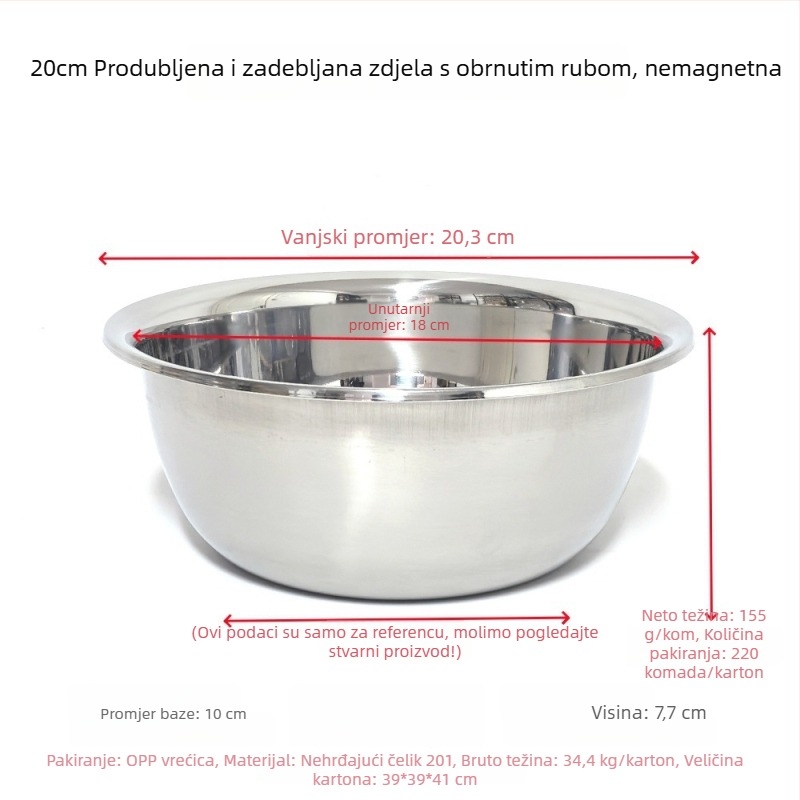 Nerđajući čelik, višenamjenska kuhinjska posuda bez magnetnog ruba, pogodna za pranje povrća, mijesanje tijesta, tučenje jaja i pripremu salata