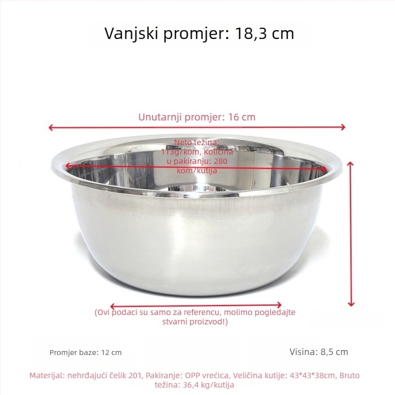 Nerđajući čelik, višenamjenska kuhinjska posuda bez magnetnog ruba, pogodna za pranje povrća, mijesanje tijesta, tučenje jaja i pripremu salata