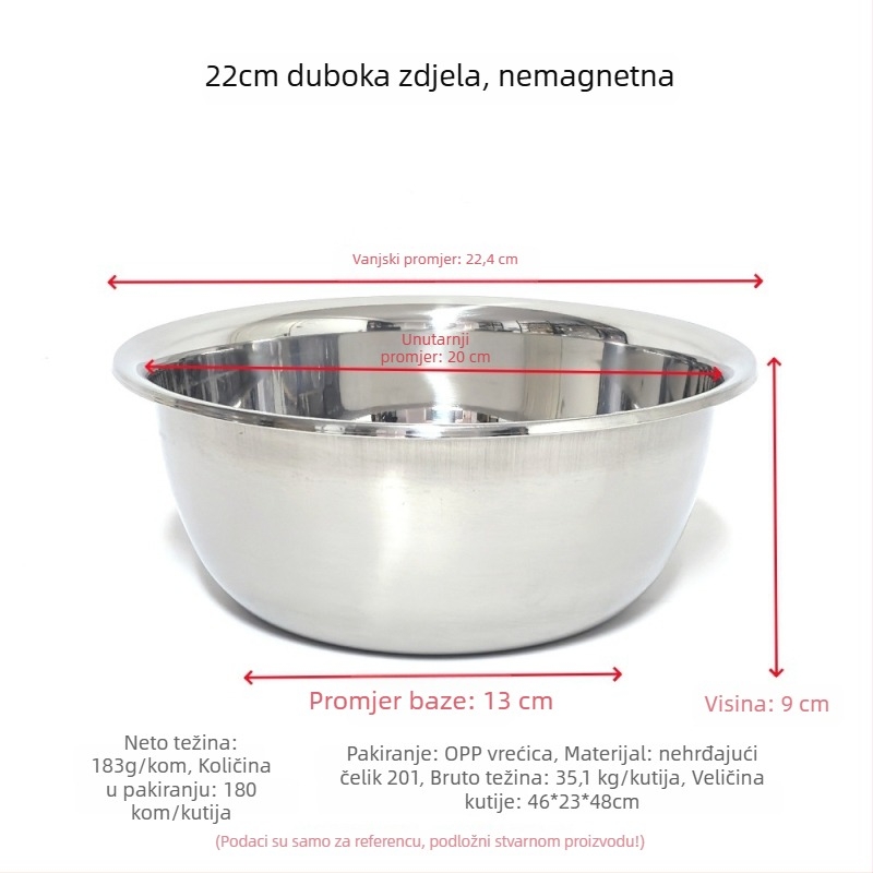 Nerđajući čelik, višenamjenska kuhinjska posuda bez magnetnog ruba, pogodna za pranje povrća, mijesanje tijesta, tučenje jaja i pripremu salata
