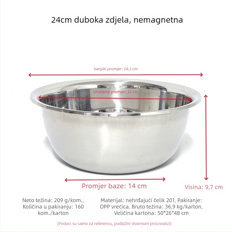 Nerđajući čelik, višenamjenska kuhinjska posuda bez magnetnog ruba, pogodna za pranje povrća, mijesanje tijesta, tučenje jaja i pripremu salata