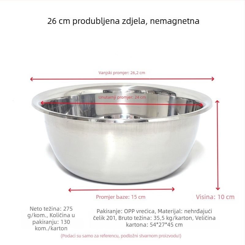 Nerđajući čelik, višenamjenska kuhinjska posuda bez magnetnog ruba, pogodna za pranje povrća, mijesanje tijesta, tučenje jaja i pripremu salata
