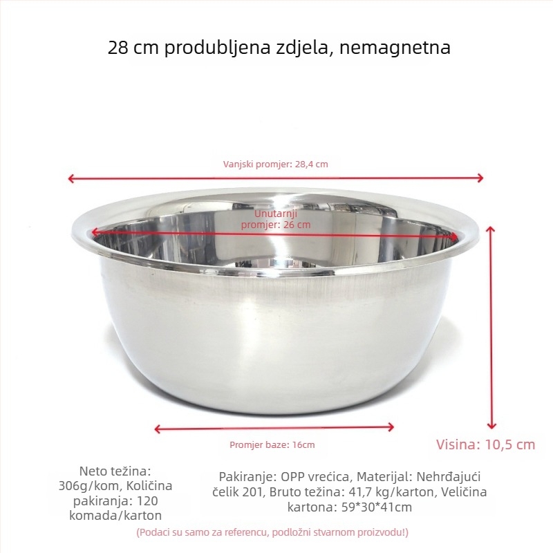 Nerđajući čelik, višenamjenska kuhinjska posuda bez magnetnog ruba, pogodna za pranje povrća, mijesanje tijesta, tučenje jaja i pripremu salata