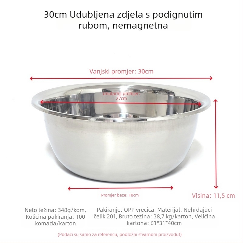 Nerđajući čelik, višenamjenska kuhinjska posuda bez magnetnog ruba, pogodna za pranje povrća, mijesanje tijesta, tučenje jaja i pripremu salata