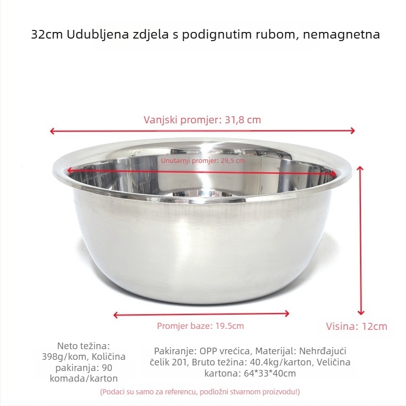 Nerđajući čelik, višenamjenska kuhinjska posuda bez magnetnog ruba, pogodna za pranje povrća, mijesanje tijesta, tučenje jaja i pripremu salata