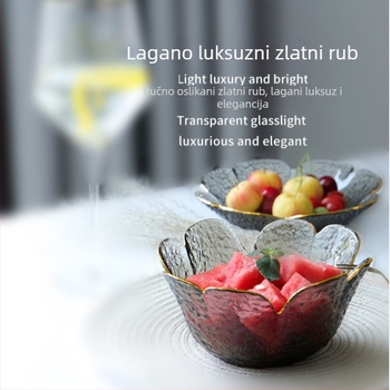 Staklena zdjela za salatu s dizajnom latice, čekićani zlatni rub, japanski stil, nordijski dizajn, posuda za voće i desertna zdjela