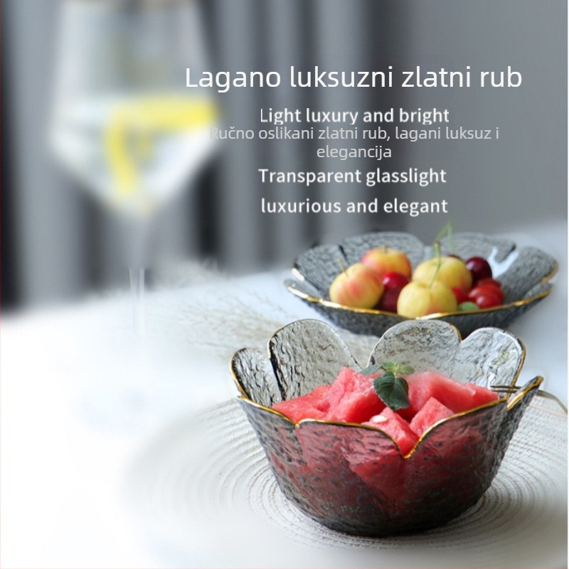 Staklena zdjela za salatu s dizajnom latice, čekićani zlatni rub, japanski stil, nordijski dizajn, posuda za voće i desertna zdjela