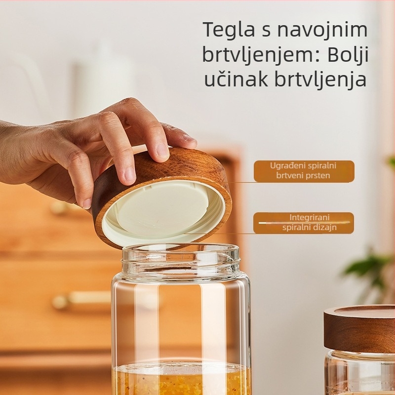 Staklena posuda za skladištenje s poklopcem, prehrambene kvalitete, za kućnu upotrebu, pogodna za džem, med i ptičje gnijezdo, poklop od drveta akacije.