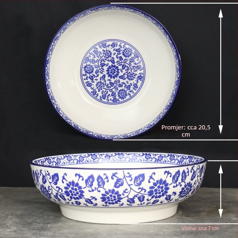 Plavo-bijela porcelanska zdjela za juhe i rezance, velika keramička zdjela za riblja jela