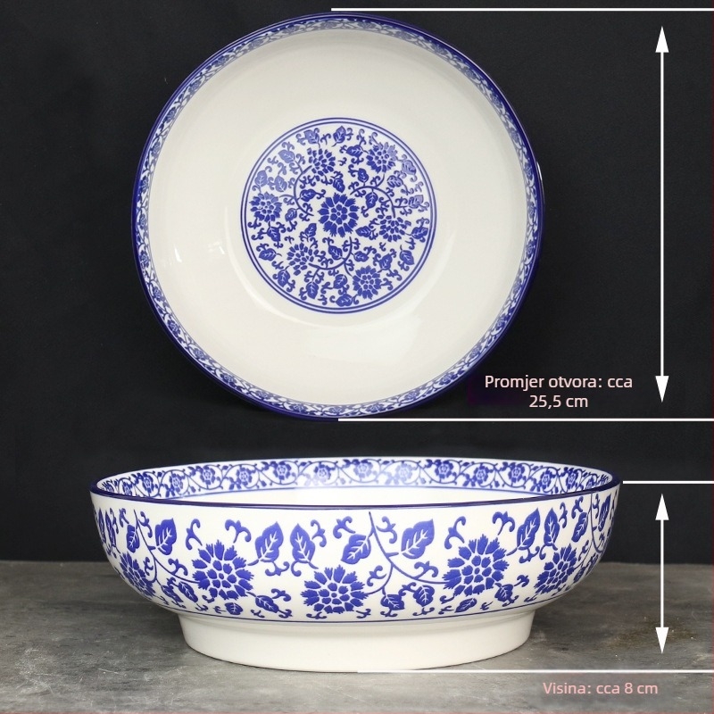 Plavo-bijela porcelanska zdjela za juhe i rezance, velika keramička zdjela za riblja jela