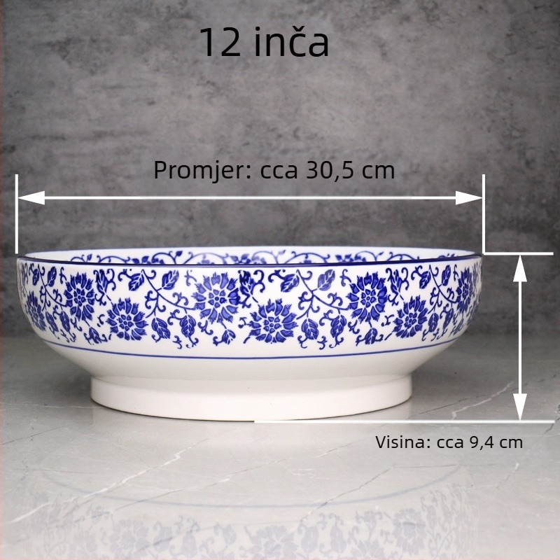 Plavo-bijela porcelanska zdjela za juhe i rezance, velika keramička zdjela za riblja jela