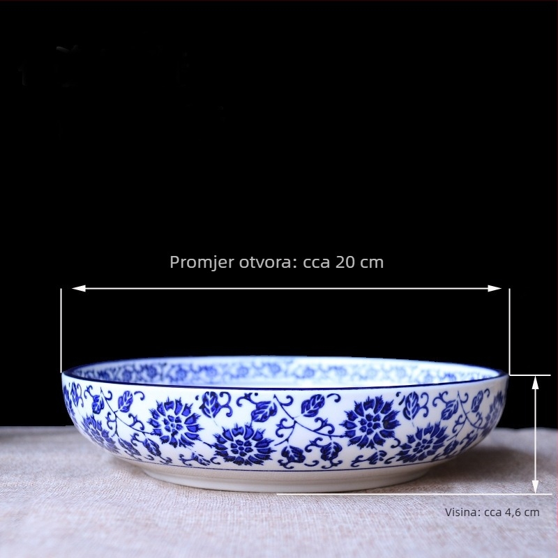 Plavo-bijela porcelanska zdjela za juhe i rezance, velika keramička zdjela za riblja jela
