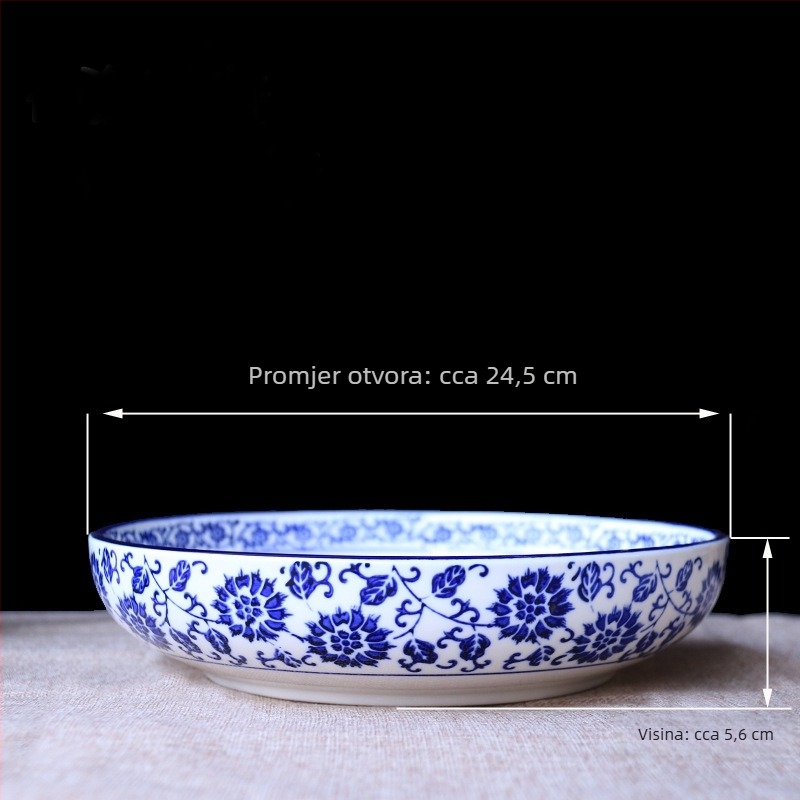 Plavo-bijela porcelanska zdjela za juhe i rezance, velika keramička zdjela za riblja jela