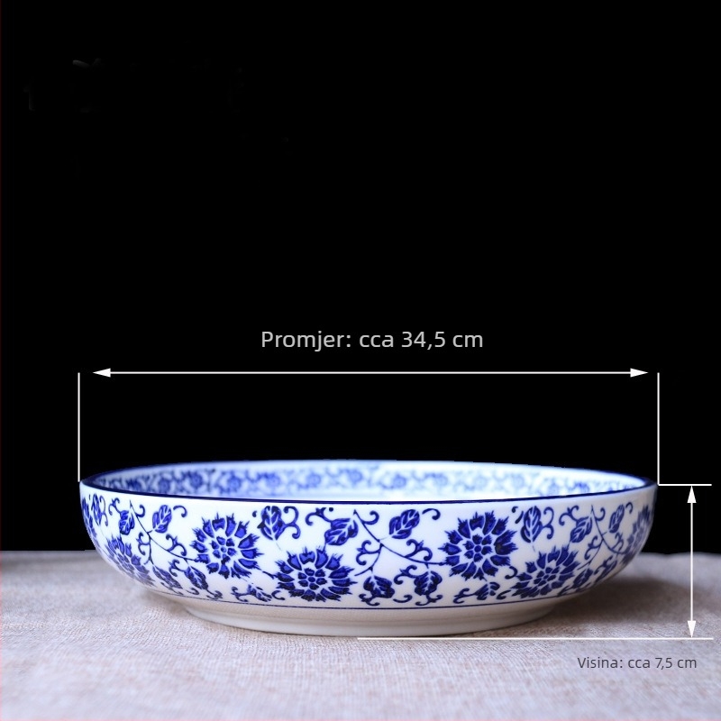 Plavo-bijela porcelanska zdjela za juhe i rezance, velika keramička zdjela za riblja jela