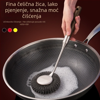 Četka za lonce od 304 nehrđajućeg čelika s dugim držalom – višenamjenska kuhinjska četka za čišćenje s metalnom kuglom