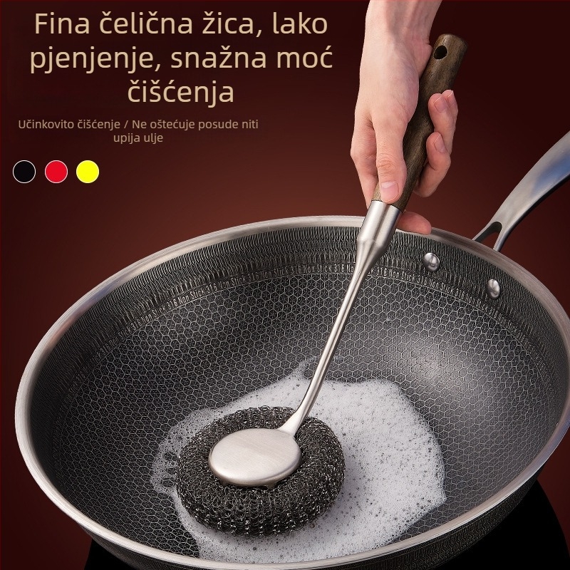 Četka za lonce od 304 nehrđajućeg čelika s dugim držalom – višenamjenska kuhinjska četka za čišćenje s metalnom kuglom