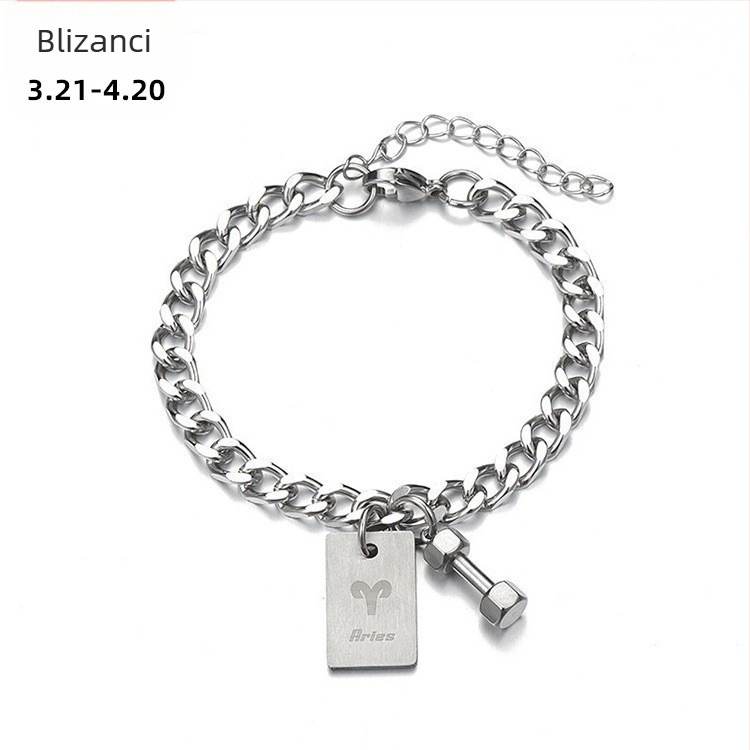 Narukvica od titan čelika s dvanaest znakova zodijaka, unisex, kvadratni privjesak u obliku bučice, hip-hop stil