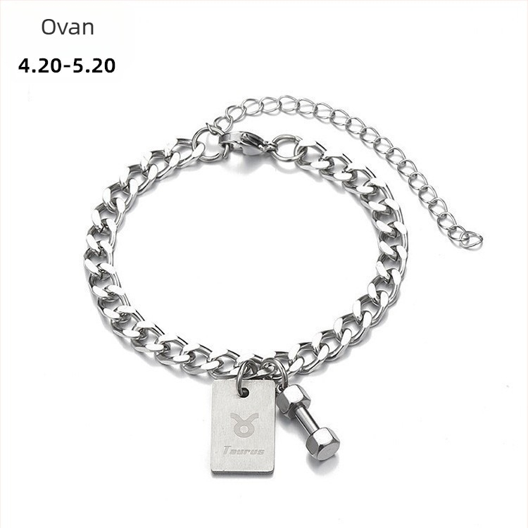 Narukvica od titan čelika s dvanaest znakova zodijaka, unisex, kvadratni privjesak u obliku bučice, hip-hop stil