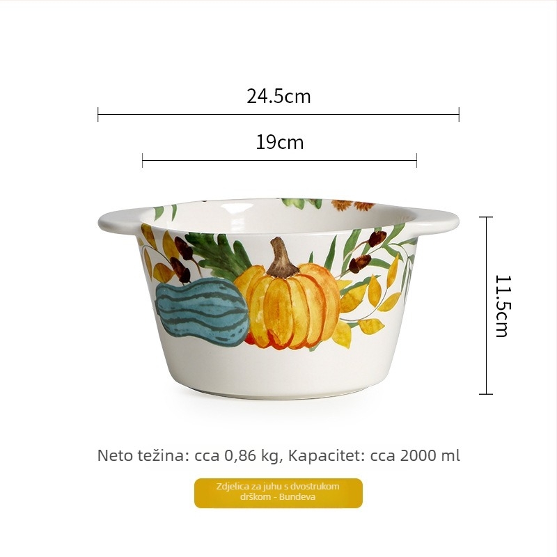 Keramička zdjela s dvije ručke, ručno oslikana, 1,8 L, podglazurni voćni uzorak, okrugla, mikrovalno sigurna, za kućnu uporabu